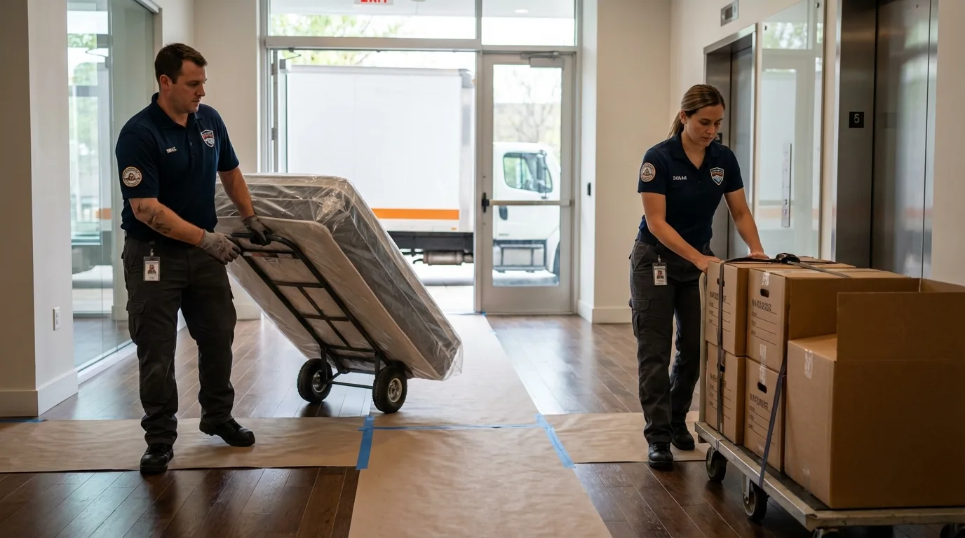 Professional apartment movers loading elevator in Lockport, LA